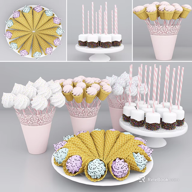 Assorted Decorated Sweet Treats Waffle Cones Cupcakes Marshmallows In Pink Cups With Sugar Sprinkles 3d model 