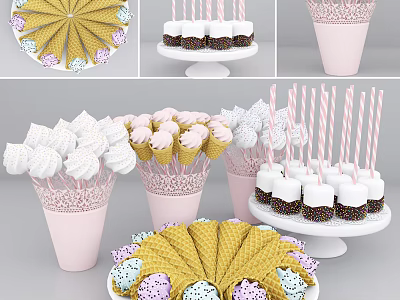 Assorted Decorated Sweet Treats Waffle Cones Cupcakes Marshmallows In Pink Cups With Sugar Sprinkles 3d model