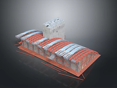 Modern Design Featuring Curved Red And White Roofs With Tower Section And Orange Support Structures 3d model