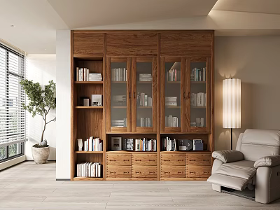 Modern Wooden Bookcase With Glass Doors Books Drawers And Armchair In Living Room Interior 3d model