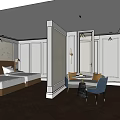 Elegant Hotel Room Interior With Double Bed Round Table And Herringbone Wooden Floor
