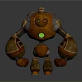 Orange Mechanical Robot Character With Green Glowing Eyes And 3D Model Design