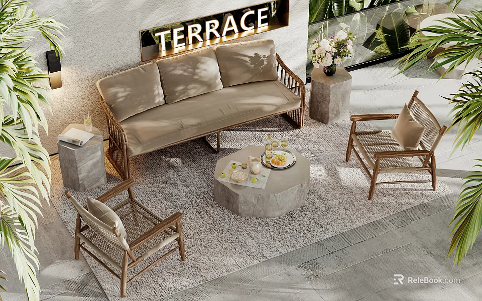 Outdoor Sofa On Terrace With Armchairs Coffee Table And Rug 3d model 