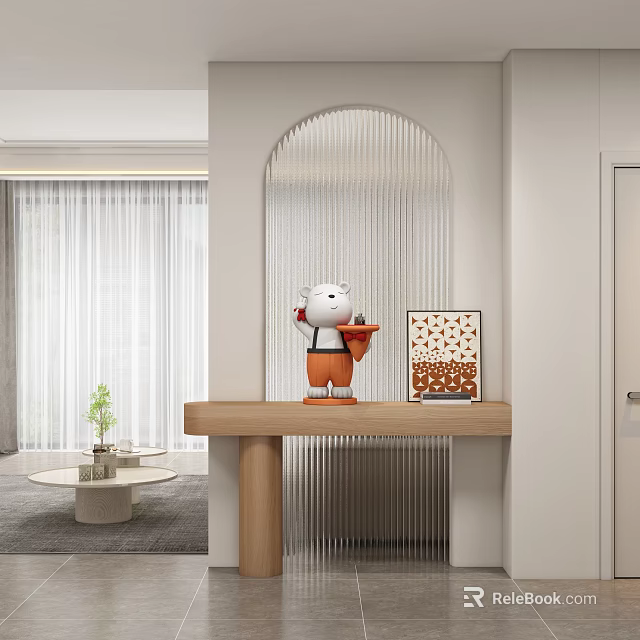 Modern Entryway Hallway Design With Wooden Console Table Decorative Figurine Arched Mirror And Potted Plant 3d model 