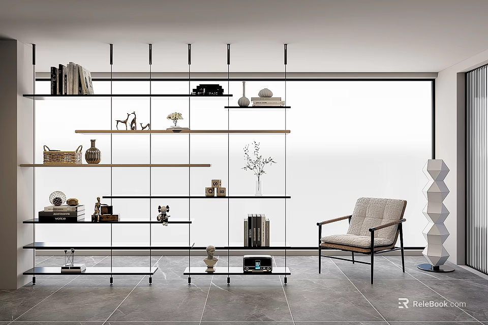Modern Home Shelf Unit With Books Decorative Items And Accent Chair 3d model 