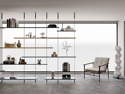 Modern Home Shelf Unit With Books Decorative Items And Accent Chair 3d model