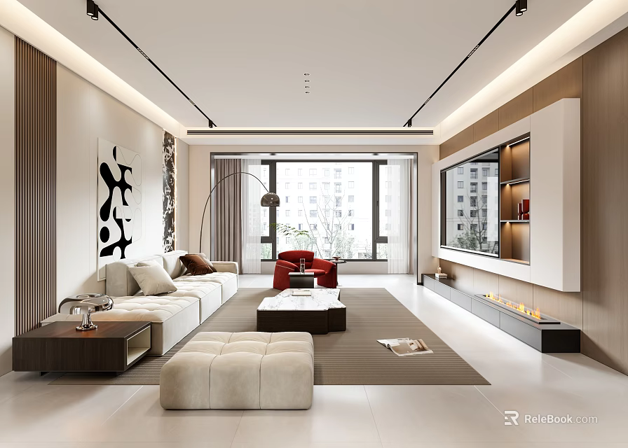 Modern Living Dining Room Interior With Sofa Red Armchair Coffee Table And TV Cabinet 3d model 