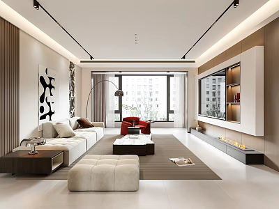 Modern Living Dining Room Interior With Sofa Red Armchair Coffee Table And TV Cabinet 3d model