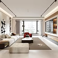 Modern Living Dining Room Interior With Sofa Red Armchair Coffee Table And TV Cabinet