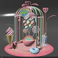 Sweet Treats Display With Pink Cage Shaped Structure Featuring Ice Cream Lollipop Donut Rainbow Balloons