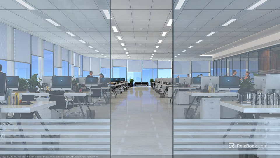 Modern Open Public Office Space With Workstations Computers Glass Partitions And Natural Light 3d model 