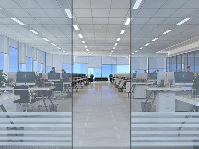 Modern Open Public Office Space With Workstations Computers Glass Partitions And Natural Light 3d model