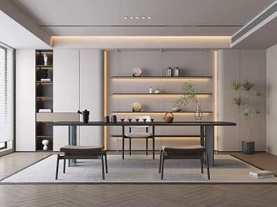 Modern Tea Room Interior Design With Wooden Table Stools Decorative Shelves And Potted Plants 3d model
