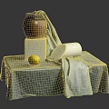 Still Life Interior With Gray Cloth Clay Pot White Cube Lemon And White Paper Roll