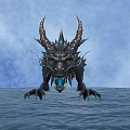 Game Movie Mythical Dragon Character with Dark Scales Horns Blue Glowing Eyes on Water