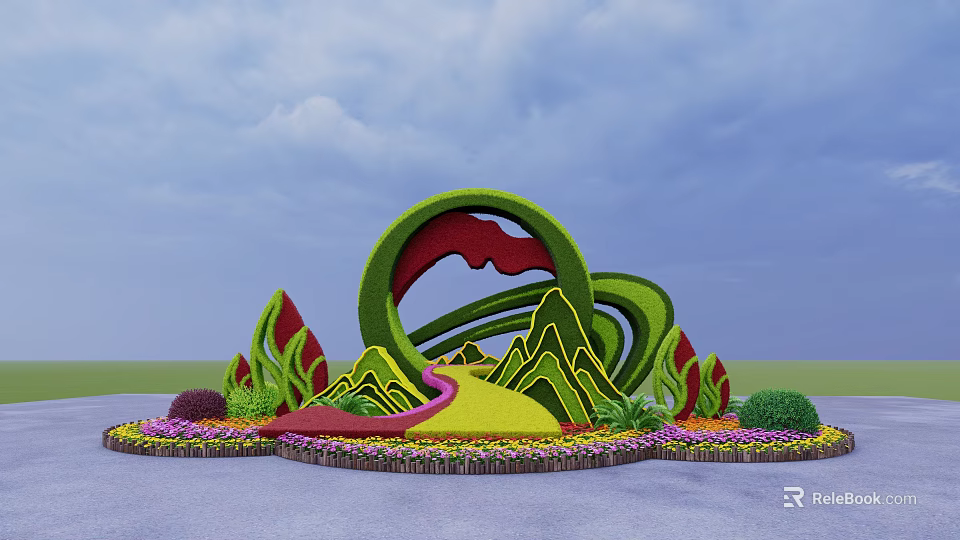 Vibrant Flower Bed Planter Featuring Green Circular Frame Mountain Shapes And Colorful Flowers 3d model 