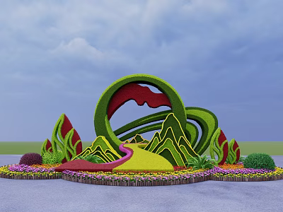 Vibrant Flower Bed Planter Featuring Green Circular Frame Mountain Shapes And Colorful Flowers 3d model