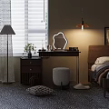 Stylish Bedroom Vanity Setup With Decorative Mirror Floor Lamp Padded Stool and Cosmetic Decor Items