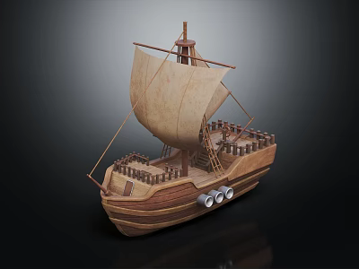 Wooden Sailing Ship With Raised Canvas Sail And Intricate Deck Structures 3d model