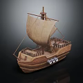 Wooden Sailing Ship With Raised Canvas Sail And Intricate Deck Structures