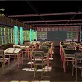 Vintage Wooden Classroom Interior With Desks Chairs Windows Green Blackboard And Map