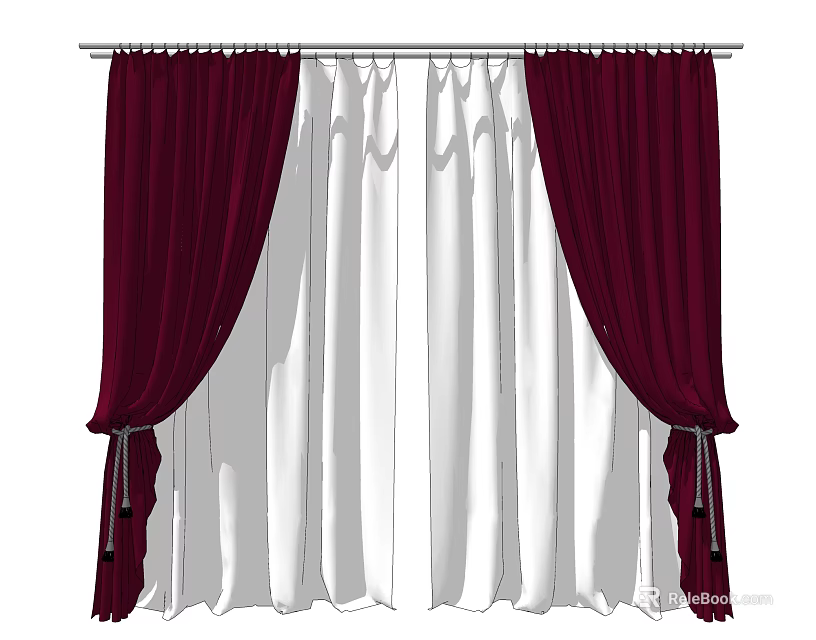 Red Heavy Curtains With White Sheer Layers For Home Window Decoration 3d model