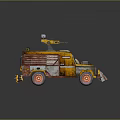 Rusty Modified Vehicle Yellow And Gray With Turret On Top Orange Wheels Post Apocalyptic Style