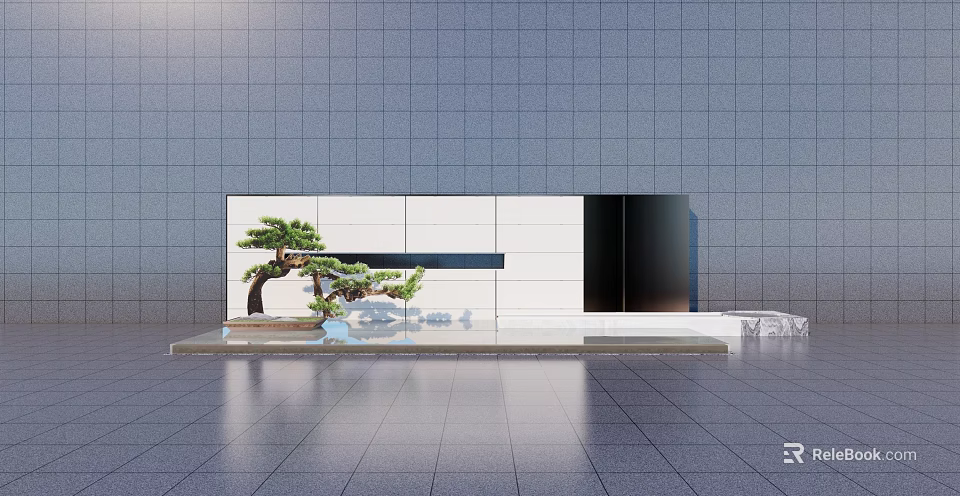 Modern Feature Wall With White Black Panels And Pine Trees By Water Pool 3d model