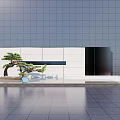 Modern Feature Wall With White Black Panels And Pine Trees By Water Pool 3d model