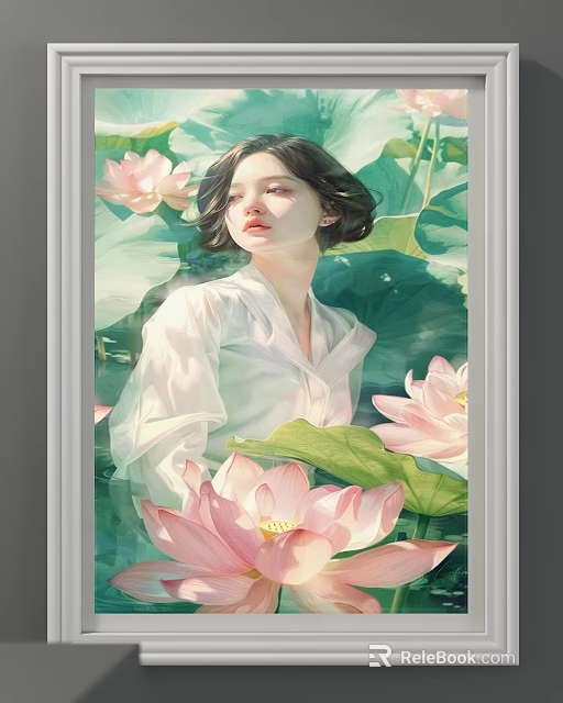 Serene Woman Portrait Painting With Pink Lotus Flowers And Green Leaves 3d model 
