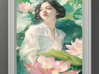 Serene Woman Portrait Painting With Pink Lotus Flowers And Green Leaves 3d model