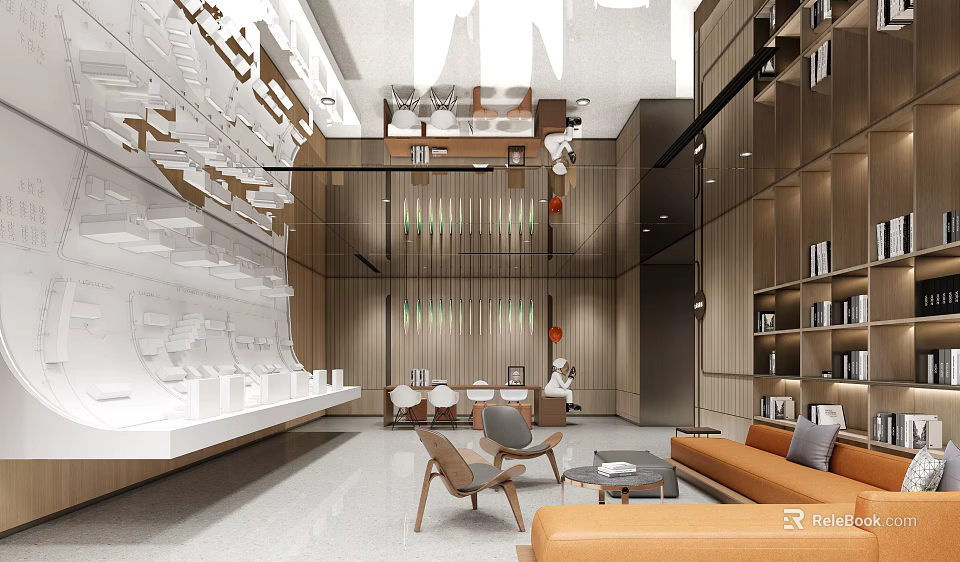 Modern Sales Office Interior Design with Wooden Walls Orange Sofa White Display Counter and Bookshelves 3d model 