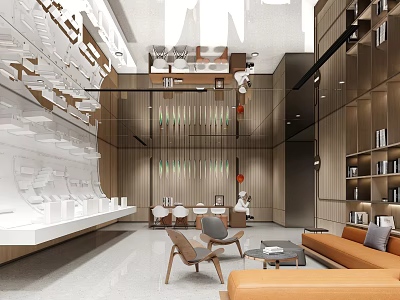 Modern Sales Office Interior Design with Wooden Walls Orange Sofa White Display Counter and Bookshelves 3d model