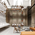 Modern Sales Office Interior Design with Wooden Walls Orange Sofa White Display Counter and Bookshelves