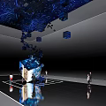 Blue Digital Art Installation With Floating Cubes And People In Modern Exhibition Space