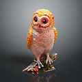 Detailed Colorful Owl Sculpture With Orange Pink Feathers On Decorative Base Against Dark Background