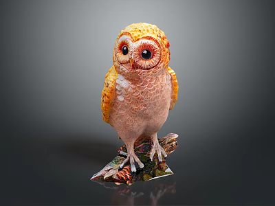 Detailed Colorful Owl Sculpture With Orange Pink Feathers On Decorative Base Against Dark Background 3d model