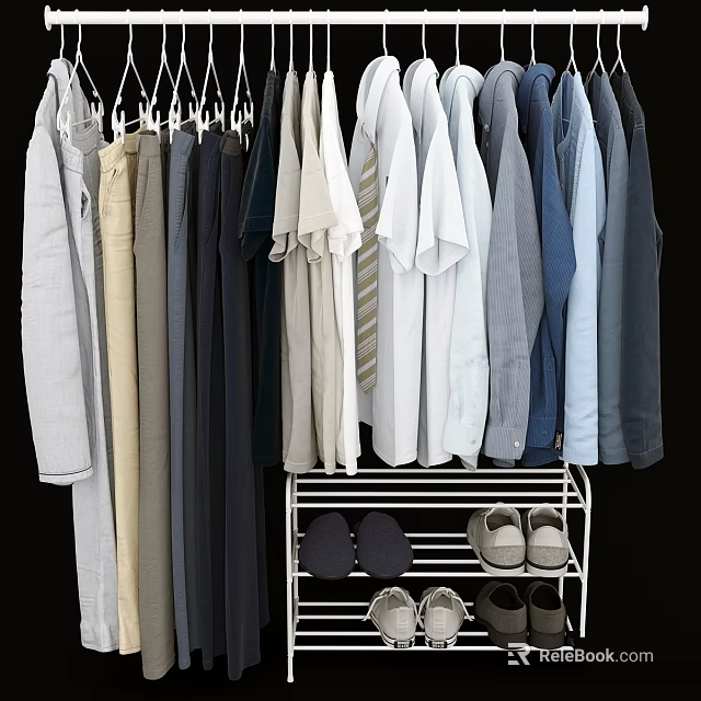 Organized Clothes Hanging On Hangers With Shirts Pants And Shoes Below 3d model 