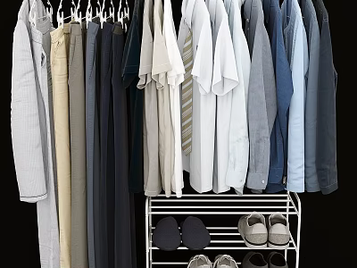 Organized Clothes Hanging On Hangers With Shirts Pants And Shoes Below 3d model