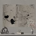Contemporary Abstract Diptych Paintings With Black Lines And Ink Blots On Beige Background