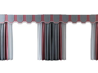 Stylish Red Gray White Striped Curtains With Scalloped Valance For Home Decor 3d model