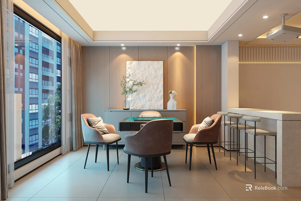 Modern Hotel Mahjong Room Interior With Large Windows Comfortable Chairs And Decorative Painting 3d model 
