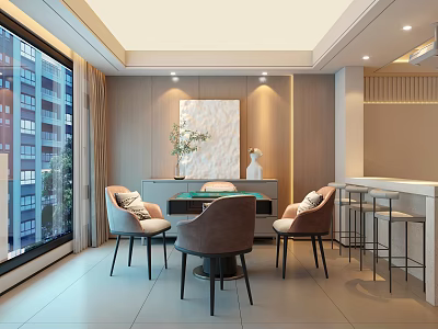 Modern Hotel Mahjong Room Interior With Large Windows Comfortable Chairs And Decorative Painting 3d model