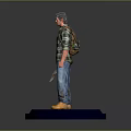 Man in Plaid Shirt Jeans and Yellow Boots Holding Knife Standing on Blue Base