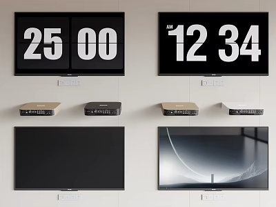 Various Wall Mounted TVs Showing Time Displays Black Screens and Media Players 3d model