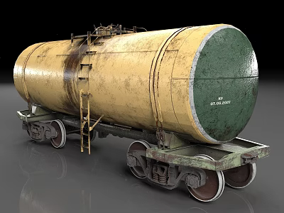 Rusty Yellow Train Tank Car Featuring Green End Ladder And Metal Wheels 3d model