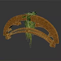 Curved Wooden Structure with Carved Patterns and Green Plants Hanging from Top