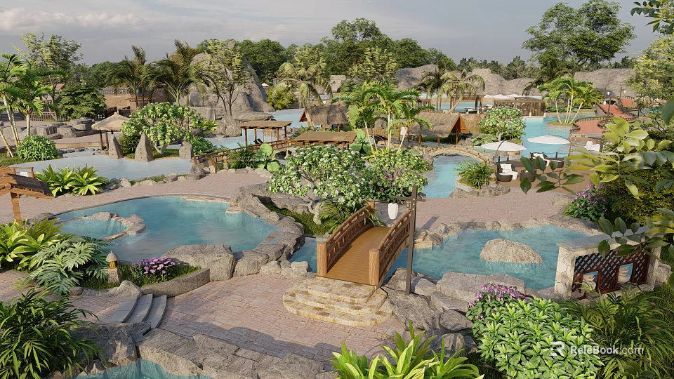 Tropical Garden Landscape With Water Pools Rocks Palm Trees And Wooden Bridge 3d model 