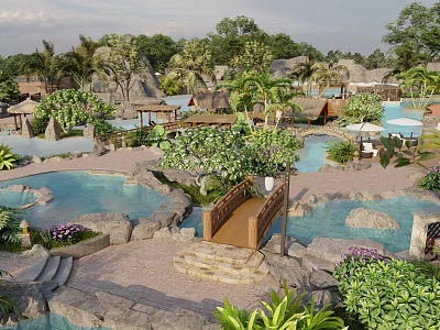 Tropical Garden Landscape With Water Pools Rocks Palm Trees And Wooden Bridge 3d model