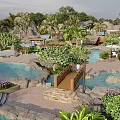 Tropical Garden Landscape With Water Pools Rocks Palm Trees And Wooden Bridge